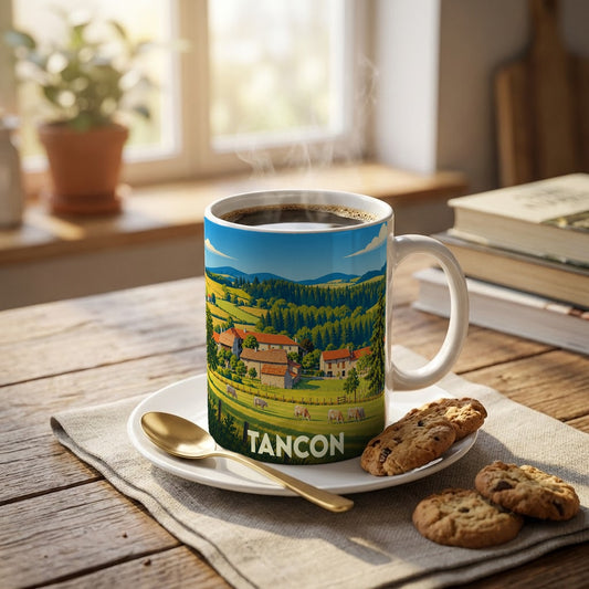 Mug souvenir de la ville de Tancon orné d'une illustration champêtre stylisée.