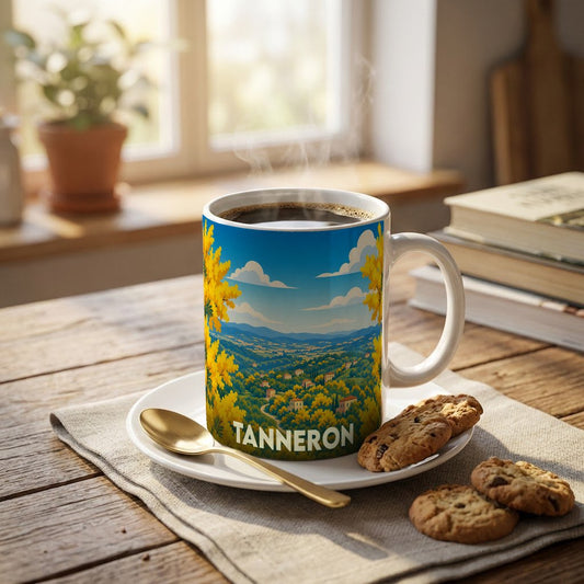 Mug souvenir de la ville de Tanneron orné d'une illustration stylisée de paysages de mimosas en fleurs.