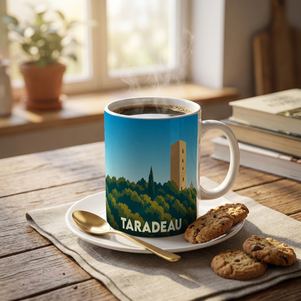 Mug souvenir de la ville de Taradeau arborant une illustration stylisée de sa tour médiévale surplombant la forêt.