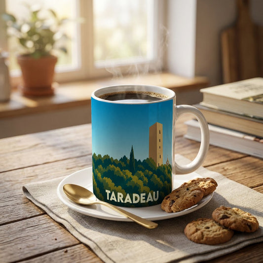 Mug souvenir de la ville de Taradeau arborant une illustration stylisée de sa tour médiévale surplombant la forêt.