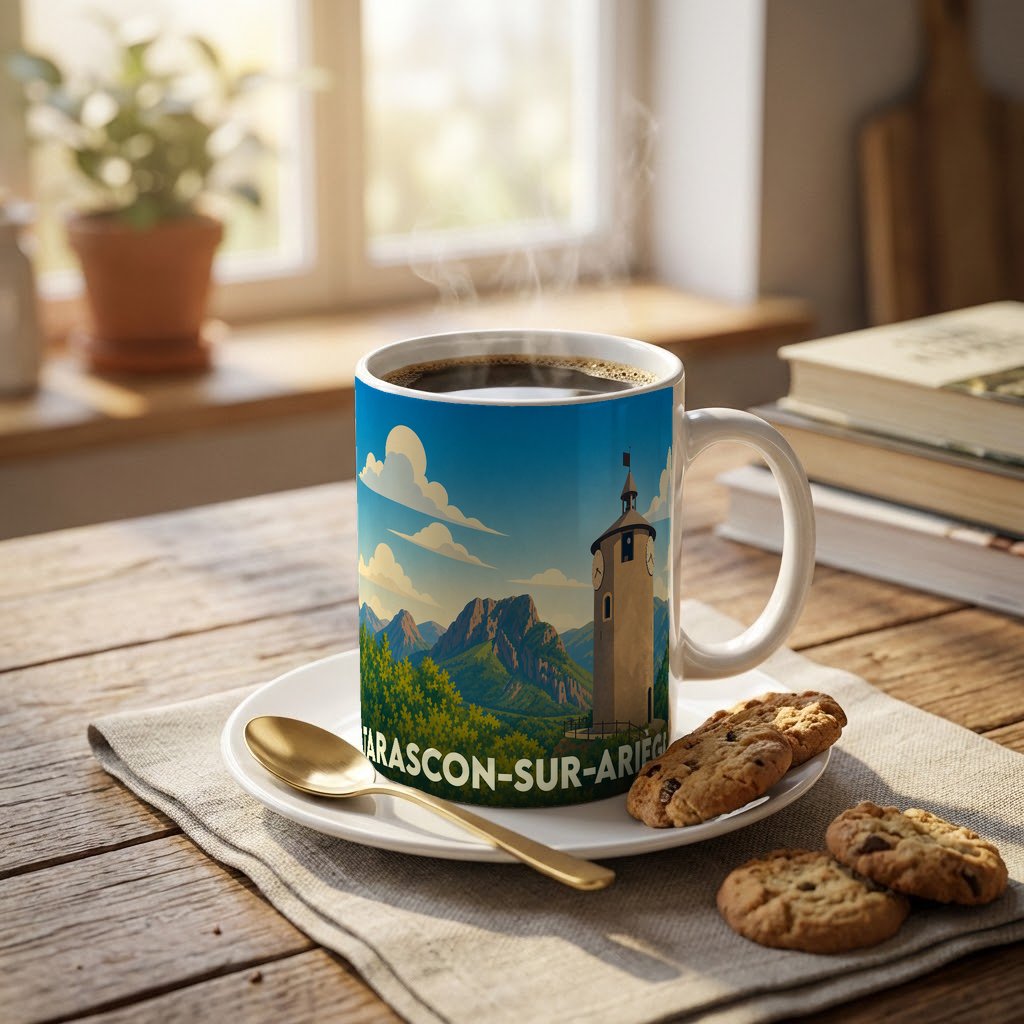 Mug souvenir de Tarascon-sur-Ariège orné d'une illustration stylisée de la ville et des montagnes.