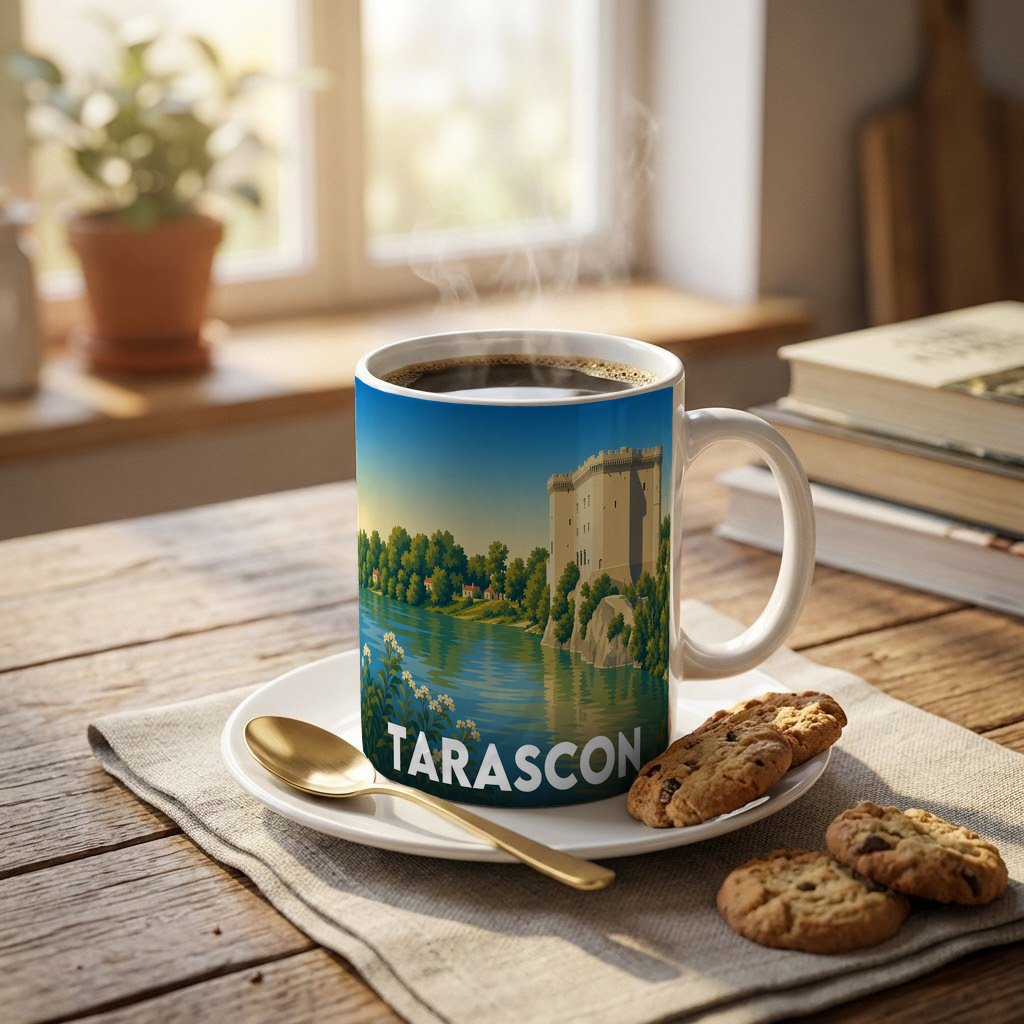 Mug souvenir de la ville de Tarascon avec une illustration stylisée de son château au bord du fleuve.