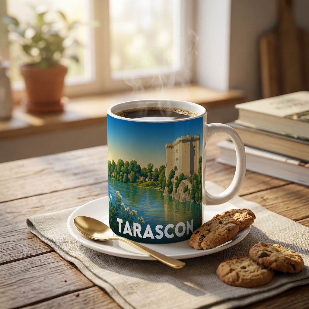 Mug souvenir de la ville de Tarascon avec une illustration stylisée de son château au bord du fleuve.