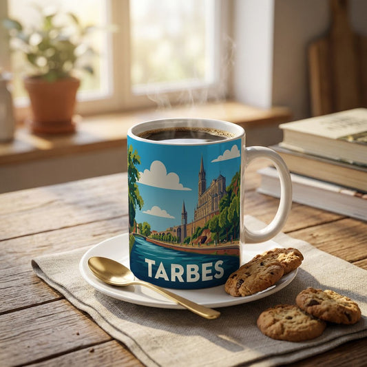 Mug souvenir de la ville de Tarbes avec une illustration stylisée.