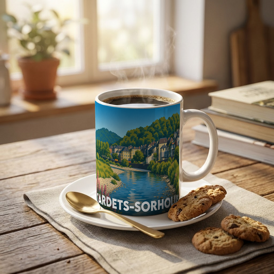 Mug souvenir de la ville de Tardets-Sorholus avec une illustration stylisée de son paysage fluvial.