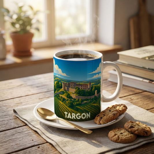 Mug souvenir de la ville de Targon orné d'une illustration stylisée de son château et de ses vignobles.