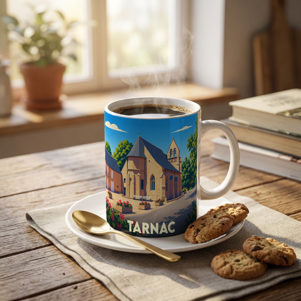 Mug souvenir de la ville de Tarnac orné d'une illustration stylisée de son église.