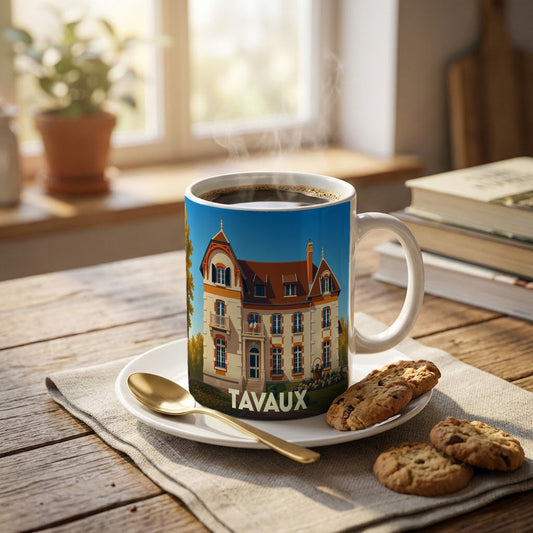 Mug souvenir de la ville de Tavaux orné d'une illustration stylisée d'une demeure traditionnelle.