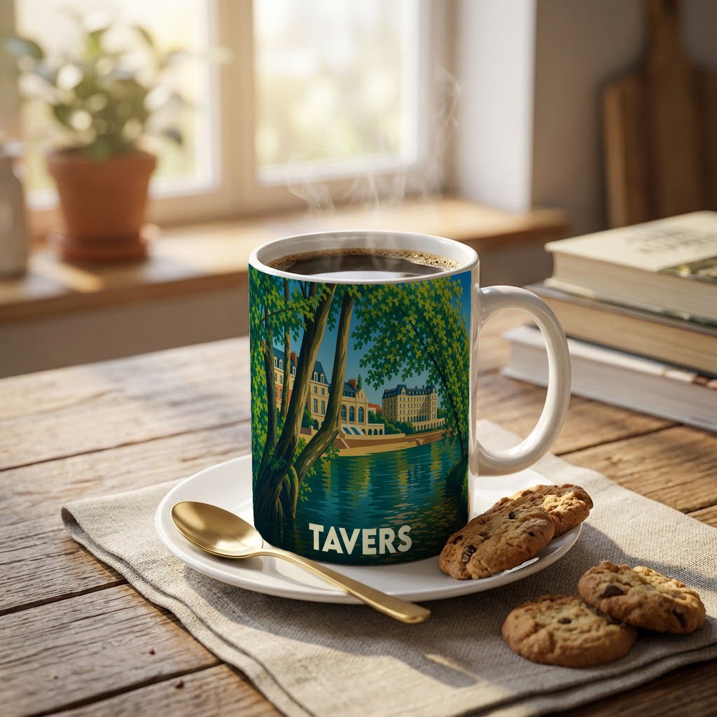 Mug souvenir de la ville de Tavers illustré d'un paysage de bord de Loire stylisé.