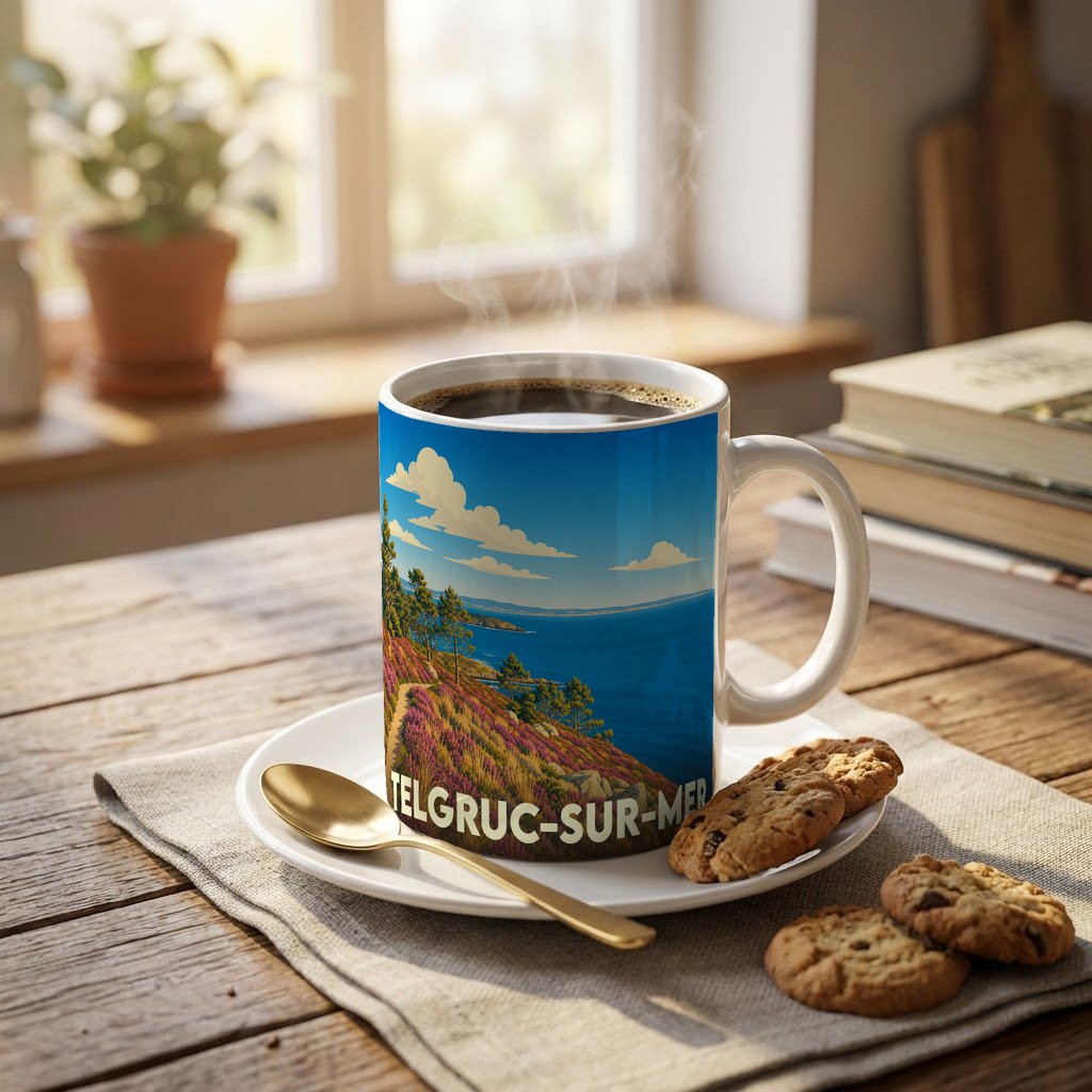 Mug souvenir de Telgruc-sur-Mer orné d'une illustration stylisée de sa côte sauvage.