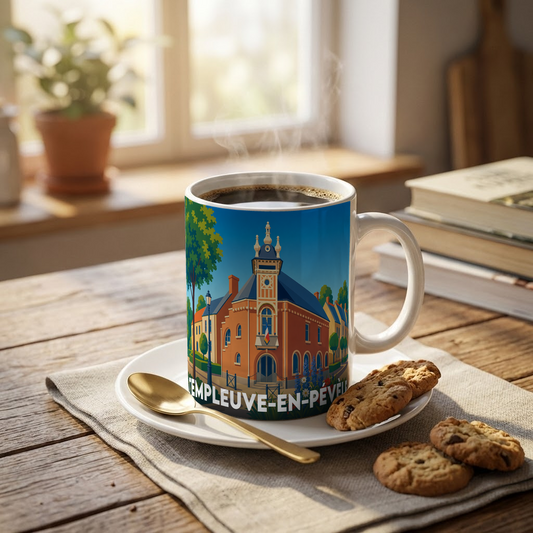 Mug souvenir de la ville de Templeuve-en-Pévèle avec une illustration stylisée.