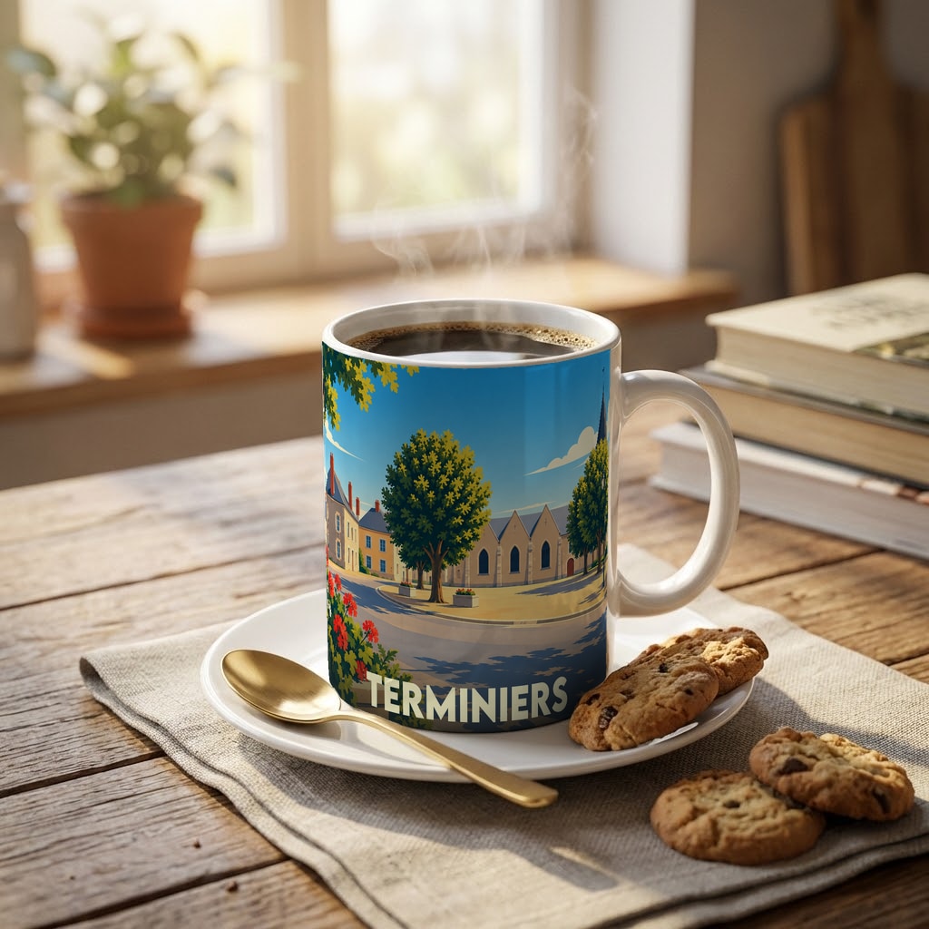 Mug souvenir de la ville de Terminiers avec une illustration stylisée d'une place ensoleillée.