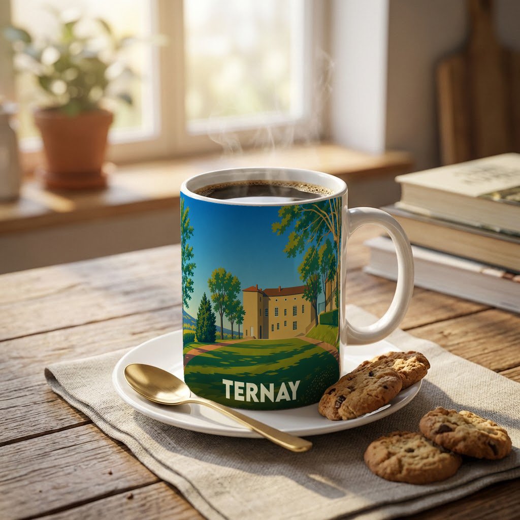 Mug souvenir de la ville de Ternay orné d'une illustration stylisée de son château.