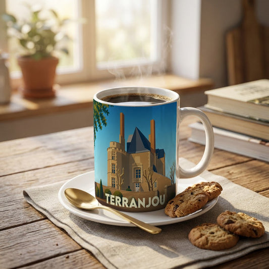 Mug souvenir de la ville de Terranjou avec une illustration stylisée d'un château.