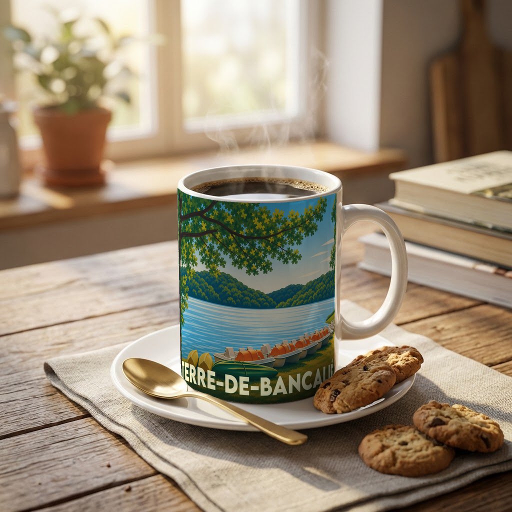 Mug souvenir de la ville de Terre-de-Bancalié avec une illustration stylisée d'un lac bordé d'arbres.
