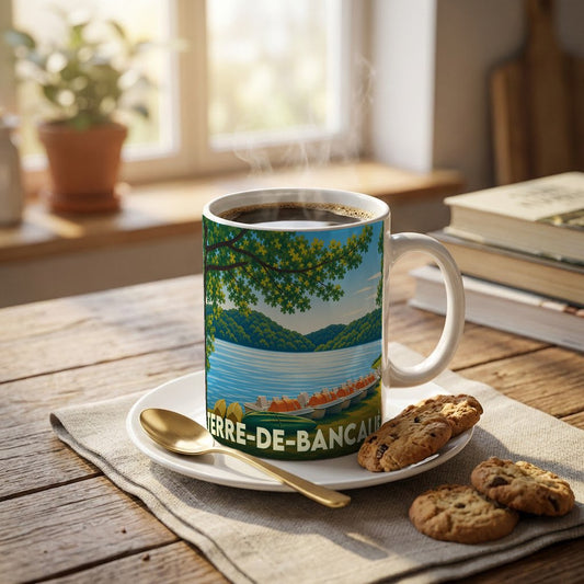 Mug souvenir de la ville de Terre-de-Bancalié avec une illustration stylisée d'un lac bordé d'arbres.