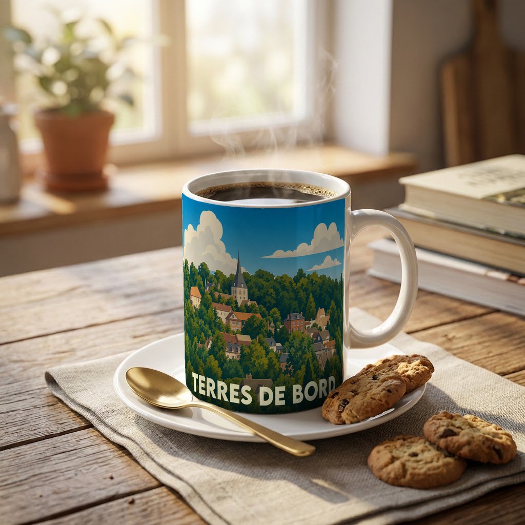 Mug souvenir de la commune de Terres de Bord orné d'une illustration stylisée de son paysage vallonné.