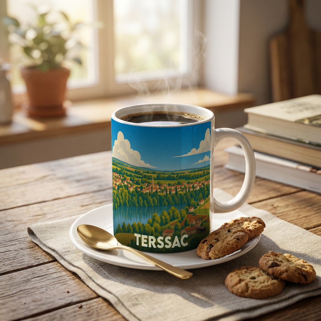 Mug souvenir de la ville de Terssac orné d'une illustration paysagère stylisée.