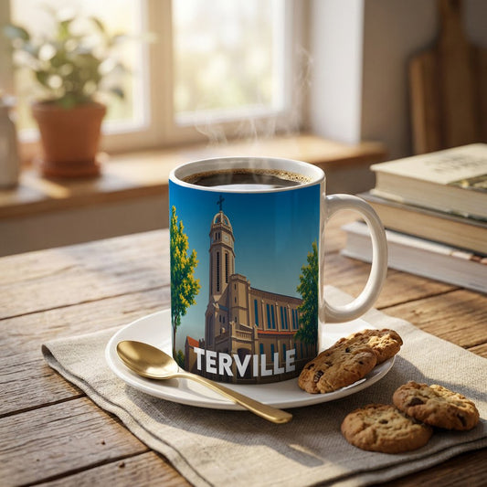 Mug souvenir de la ville de Terville avec une illustration stylisée de son église.