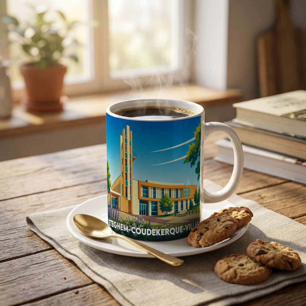 Mug souvenir de la ville de Téteghem-Coudekerque-Village avec une illustration stylisée de son architecture.