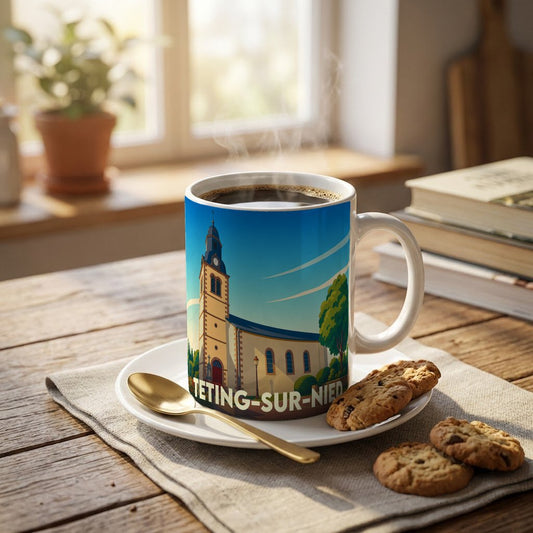 Mug souvenir de la ville de Teting-sur-Nied avec une illustration stylisée d'une église sous un ciel bleu.