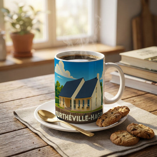 Mug souvenir de la ville de Teurthéville-Hague orné d'une illustration stylisée d'une maison normande.