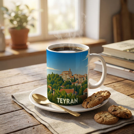 Mug souvenir de la ville de Teyran arborant une illustration stylisée d'un village perché.