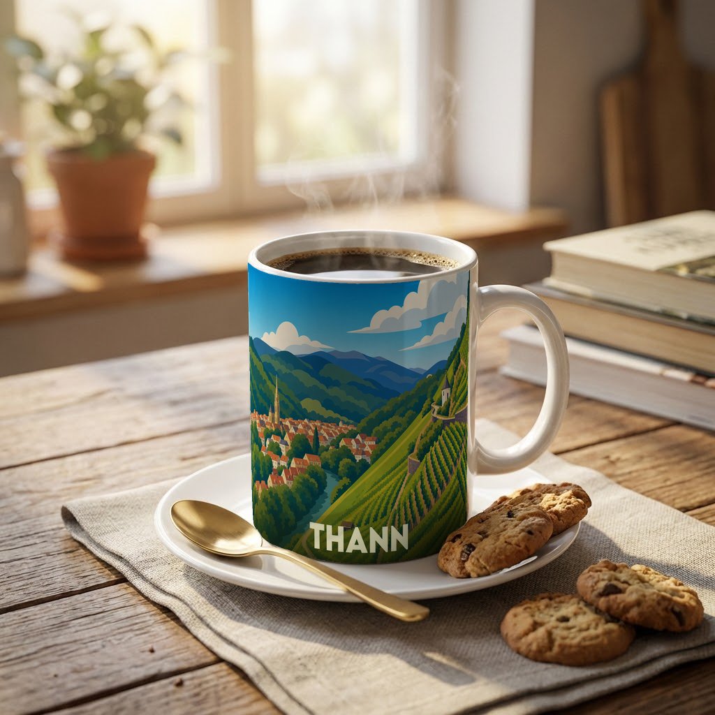 Mug souvenir de la ville de Thann orné d'une illustration stylisée de ses vignobles et de son centre historique.