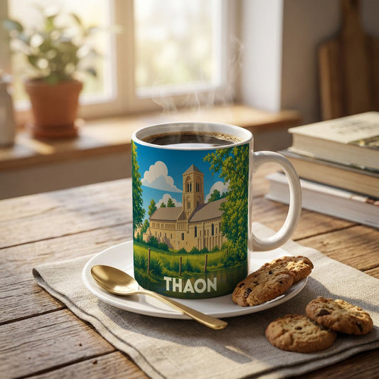 Mug souvenir de la ville de Thaon orné d'une illustration stylisée de son église romane.