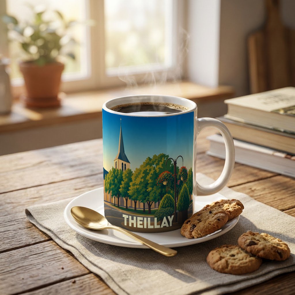 Mug souvenir de la ville de Theillay illustré par un paysage stylisé représentant son église et ses arbres.