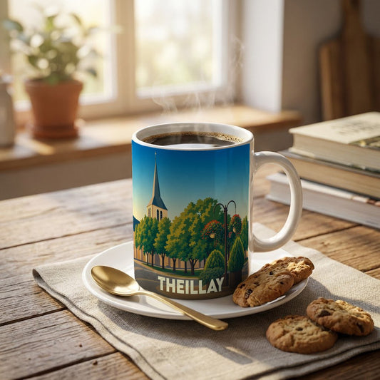 Mug souvenir de la ville de Theillay illustré par un paysage stylisé représentant son église et ses arbres.