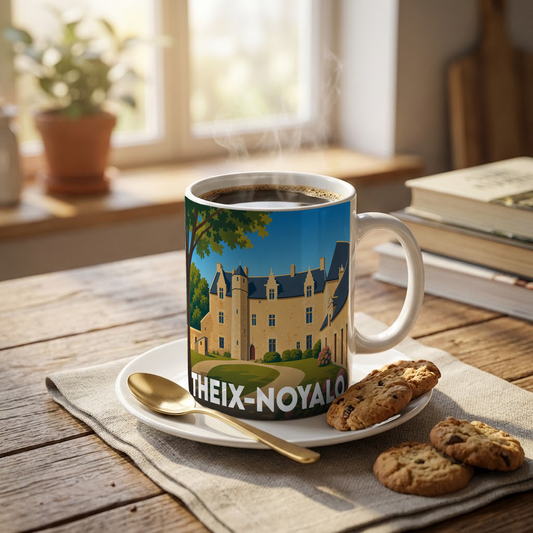 Mug souvenir de la ville de Theix-Noyalo illustré d'un château stylisé, posé sur une table avec café et biscuits.