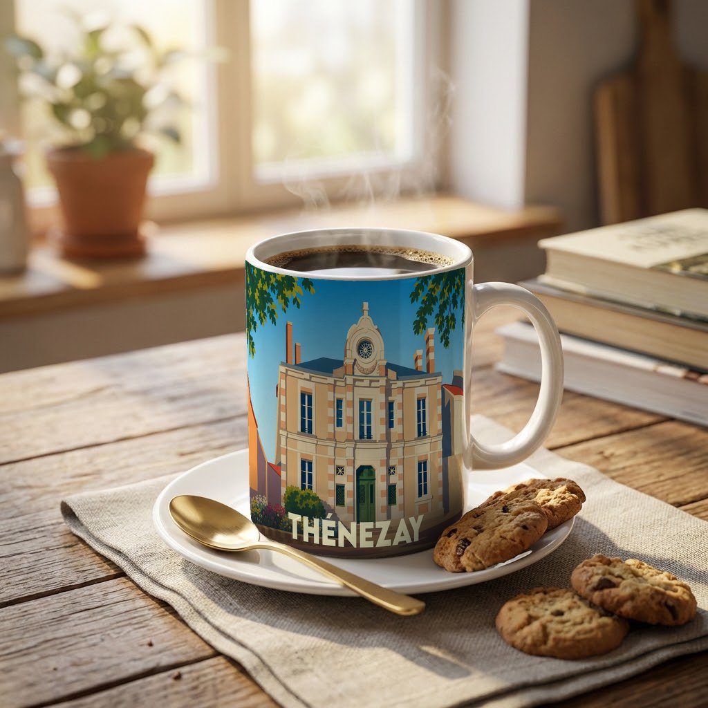 Mug souvenir de la ville de Thénezay avec une illustration stylisée de son hôtel de ville.