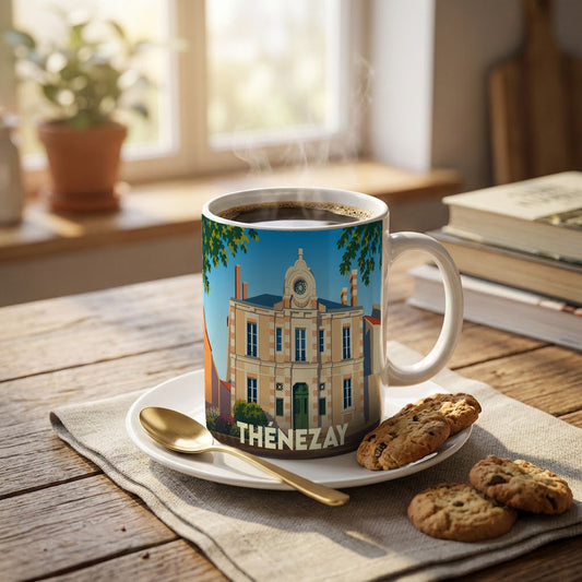 Mug souvenir de la ville de Thénezay avec une illustration stylisée de son hôtel de ville.