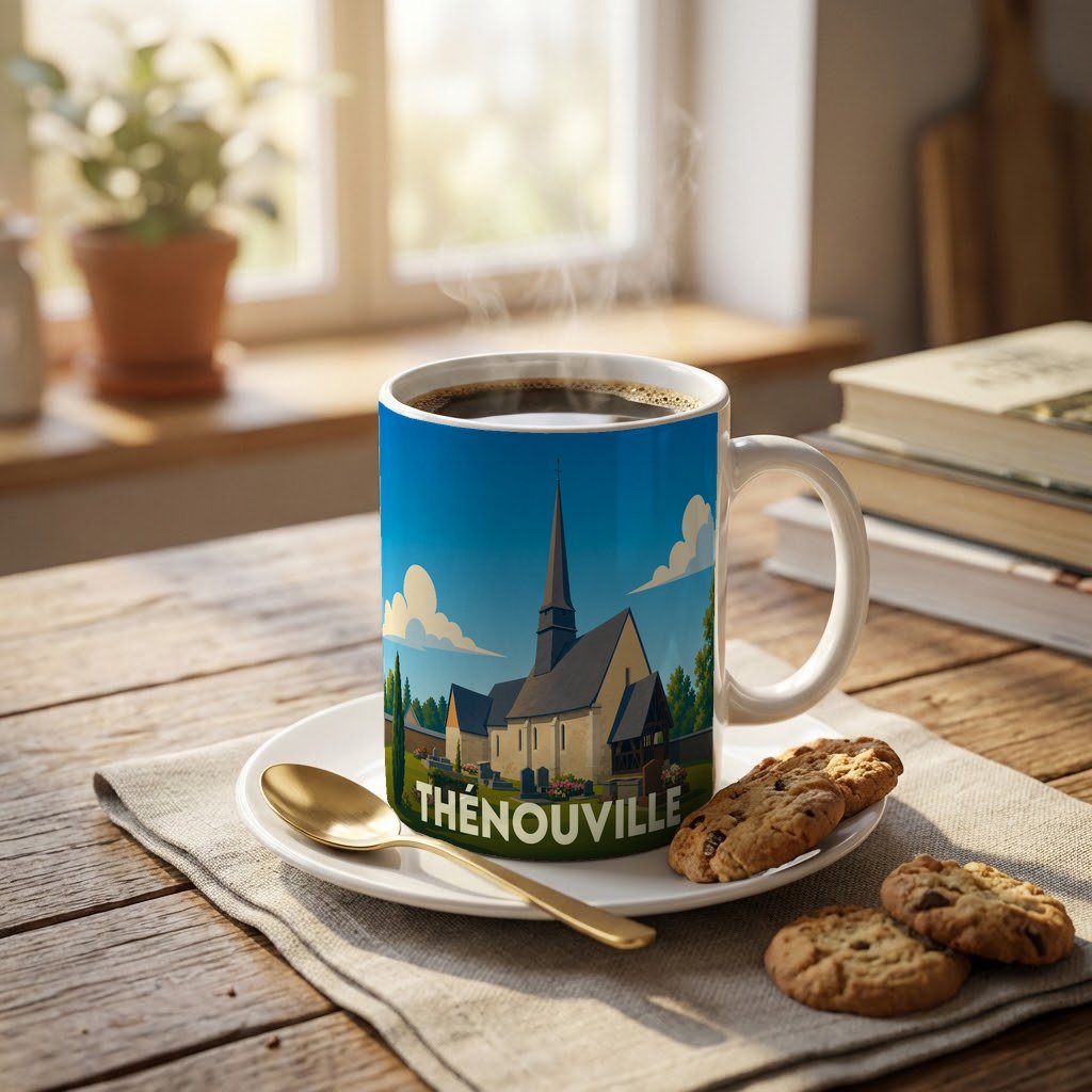 Mug souvenir de la ville de Thénouville illustré d'une église sous un ciel bleu.