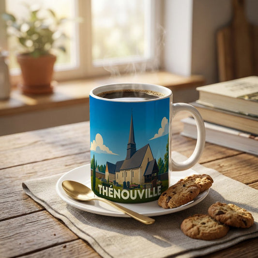 Mug souvenir de la ville de Thénouville illustré d'une église sous un ciel bleu.