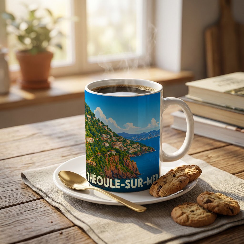 Mug souvenir de la ville de Théoule-sur-Mer orné d'une illustration stylisée du littoral méditerranéen.