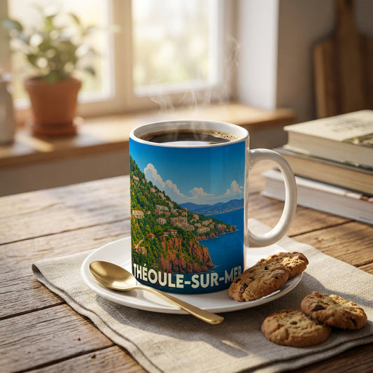 Mug souvenir de la ville de Théoule-sur-Mer orné d'une illustration stylisée du littoral méditerranéen.