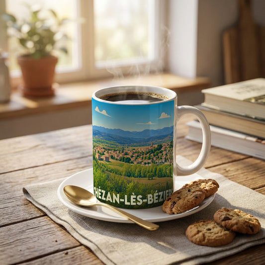 Mug souvenir de la ville de Thézan-lès-Béziers avec une illustration stylisée de son paysage vallonné.