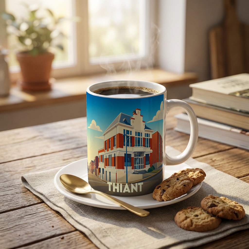 Mug souvenir de la ville de Thiant orné d'une illustration stylisée de son architecture.