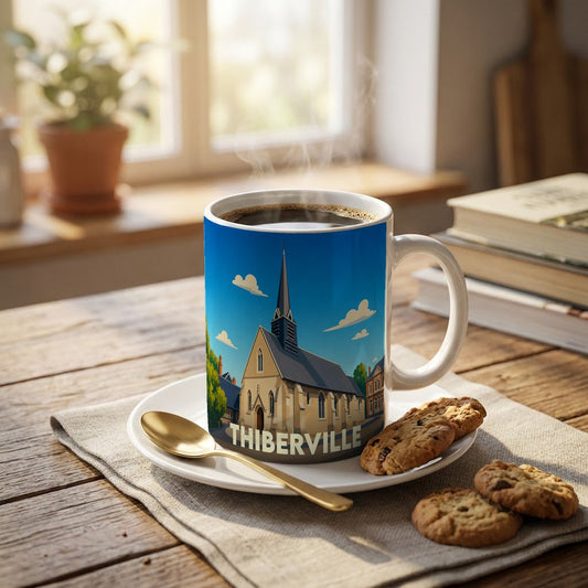 Mug souvenir de la ville de Thiberville avec une illustration stylisée de son église.
