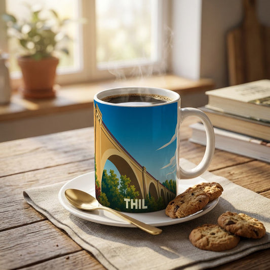 Mug souvenir de la ville de Thil illustré par un viaduc stylisé sous un ciel bleu.