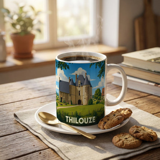 Mug souvenir de la ville de Thilouze avec une illustration stylisée d'un château.