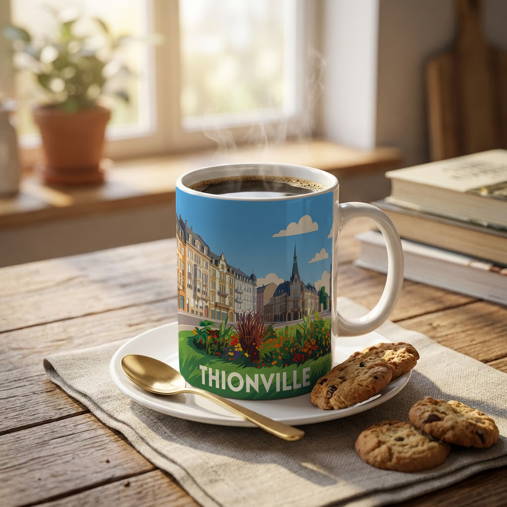 Mug souvenir de la ville de Thionville avec une illustration stylisée.