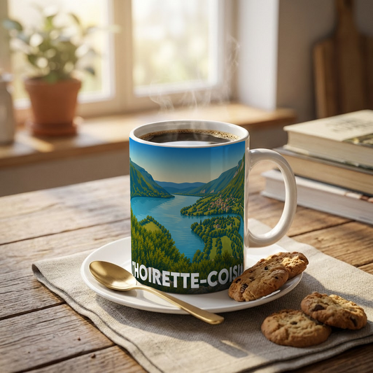 Mug souvenir de la ville de Thoirette-Coisia avec une illustration stylisée.