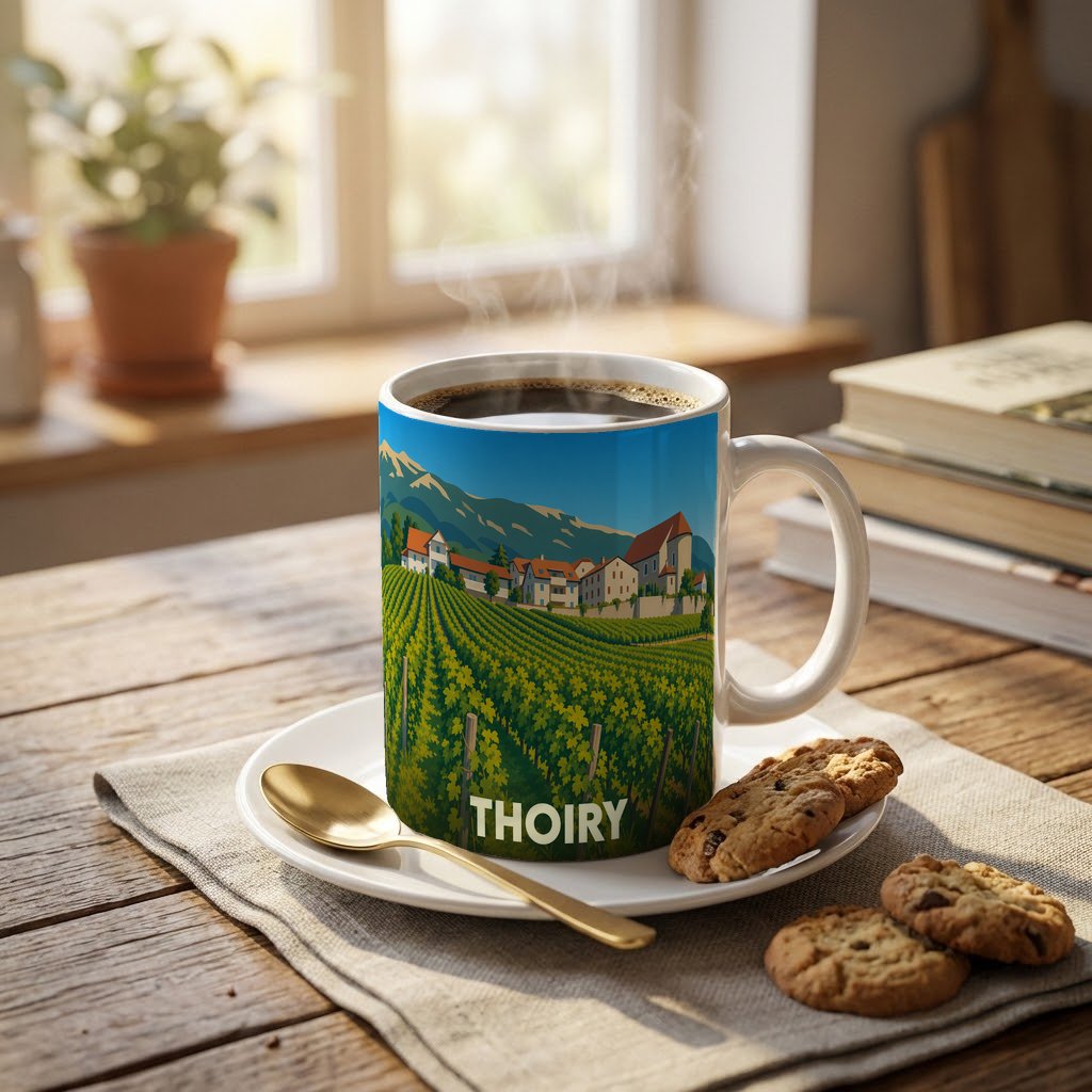 Mug souvenir de la ville de Thoiry avec une illustration stylisée de vignobles et de montagnes.