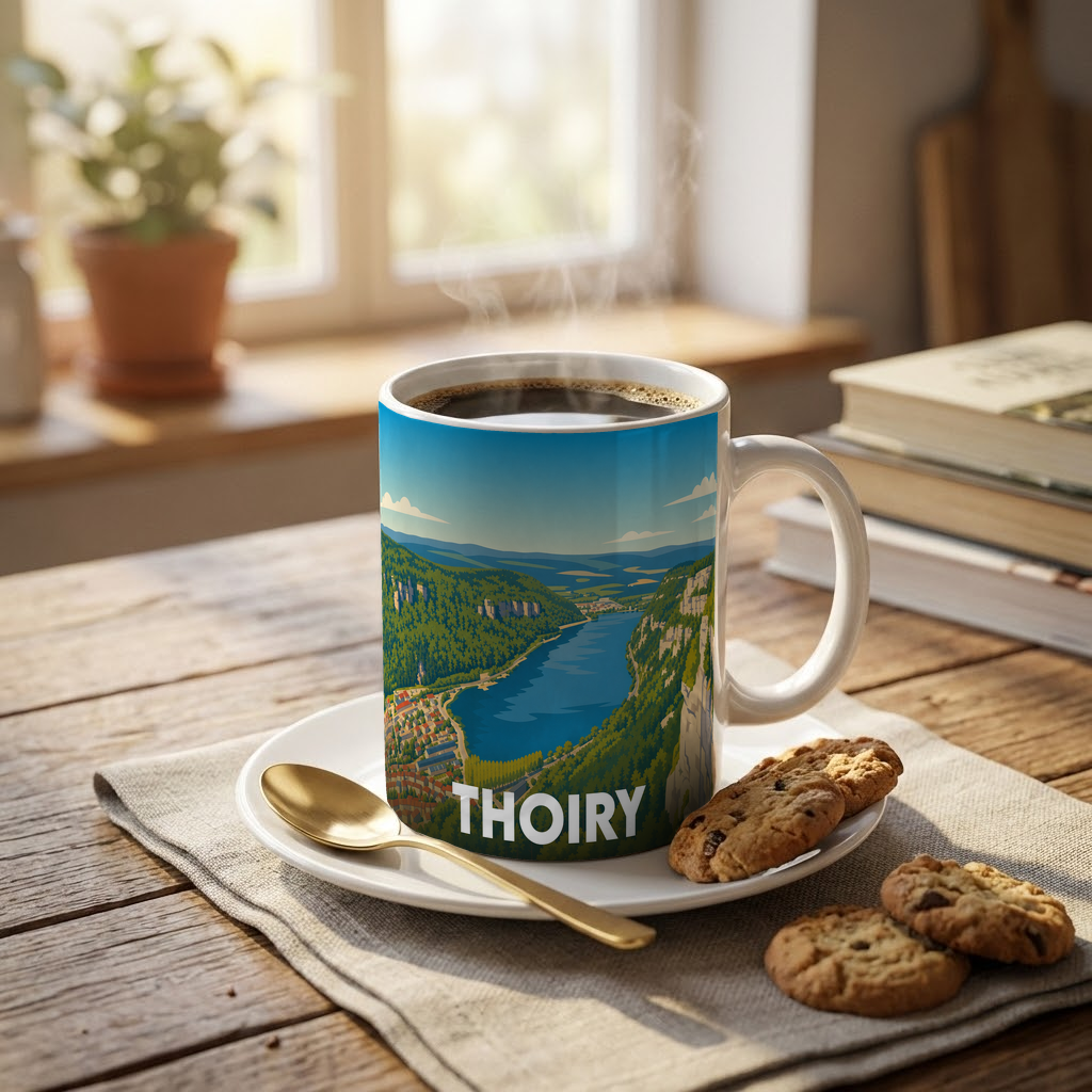 Mug souvenir de la ville de Thoiry avec une illustration stylisée de son paysage.