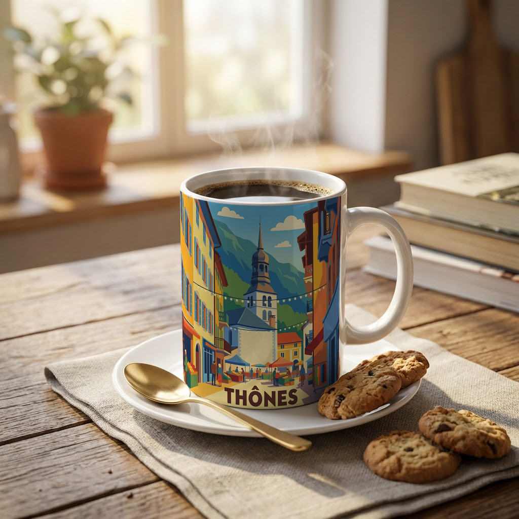 Mug souvenir de la ville de Thônes avec une illustration stylisée de ses montagnes et de son architecture.