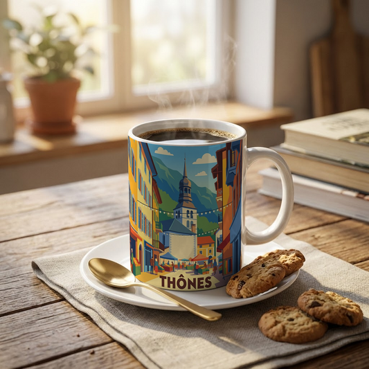 Mug souvenir de la ville de Thônes avec une illustration stylisée de ses montagnes et de son architecture.