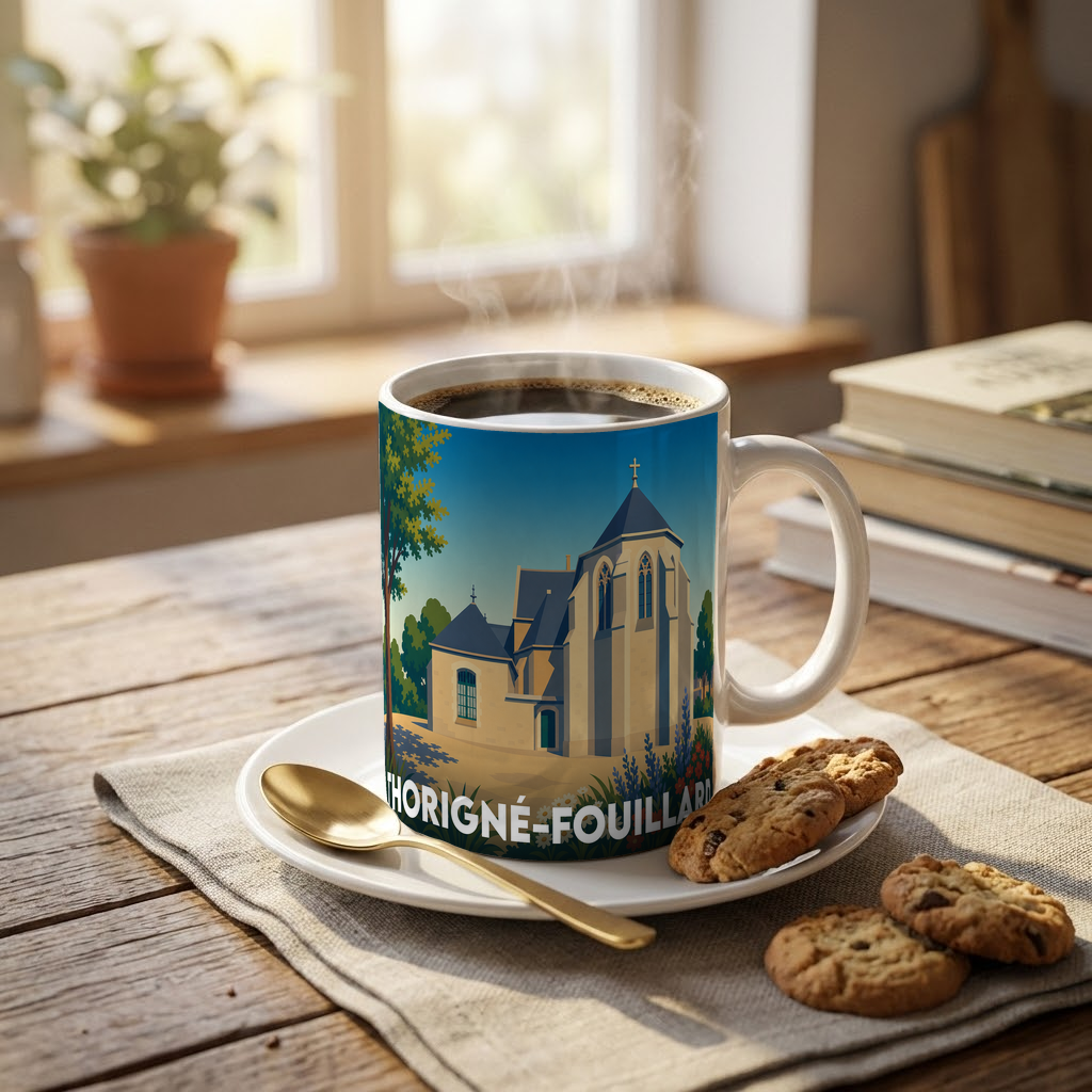 Mug souvenir de la ville de Thorigné-Fouillard orné d'une illustration stylisée de son église.